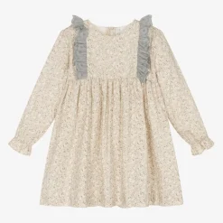 Girls Beige Floral Print Cotton Dress