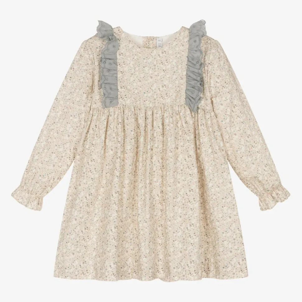 Girls Beige Floral Print Cotton Dress
