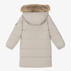 Girls Beige Hooded Parka Coat