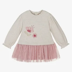 Girls Beige Jersey & Tulle Dress