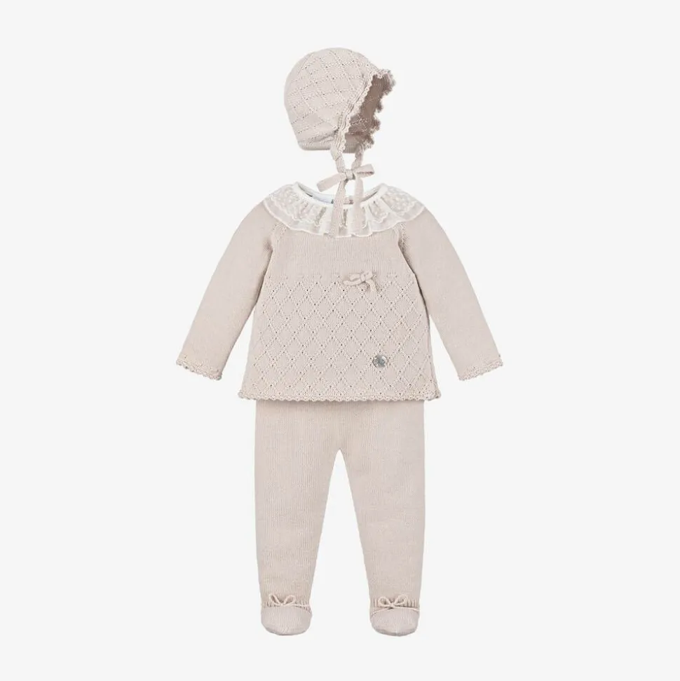 Girls Beige Knitted Babysuit & Hat Set