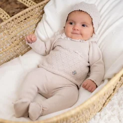 Girls Beige Knitted Babysuit & Hat Set