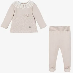 Girls Beige Knitted Babysuit & Hat Set
