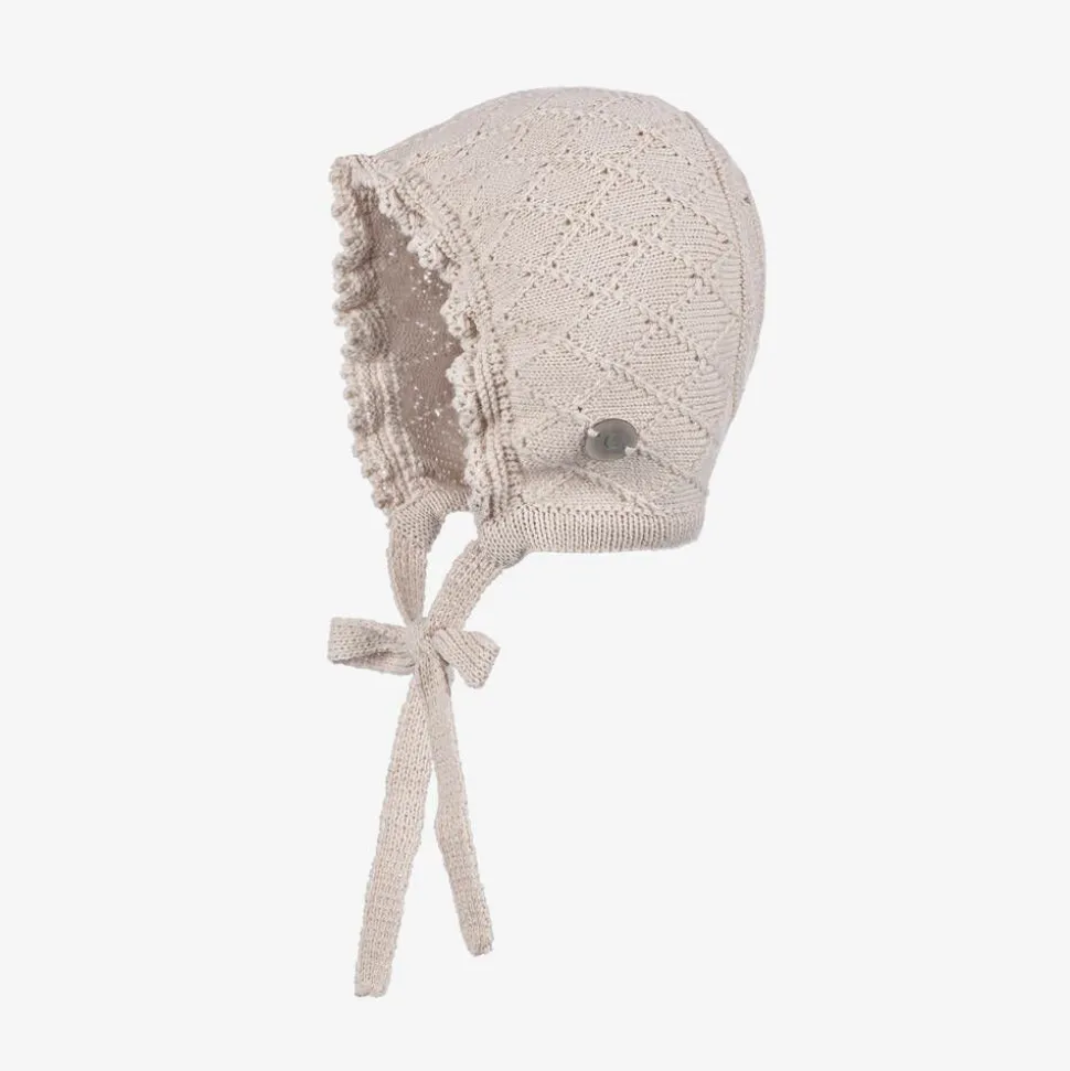 Girls Beige Knitted Babysuit & Hat Set