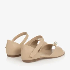 Girls Beige Leather & Faux Pearl Sandals