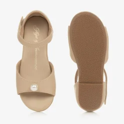 Girls Beige Leather & Faux Pearl Sandals