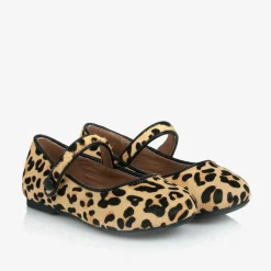 Girls Beige Leopard Print Bar Shoes
