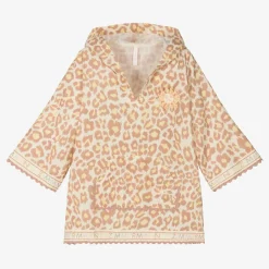Girls Beige Leopard Print Cotton Beach Kaftan