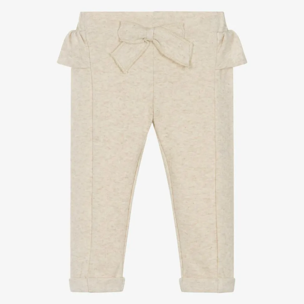 Girls Beige Marl Cotton Bow Trousers
