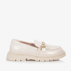 Girls Beige Patent Faux Leather Loafers