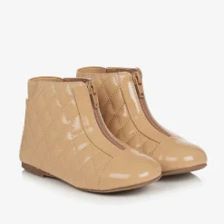 Girls Beige Patent Leather Quilted Boots