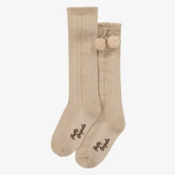 Girls Beige Pom-Pom Cotton Socks