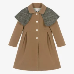 Girls Beige Shawl Collar Coat