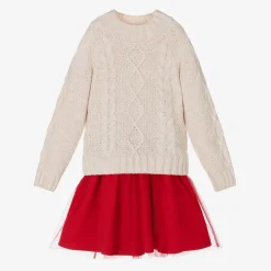 Girls Beige Sweater & Red Tulle Skirt Set