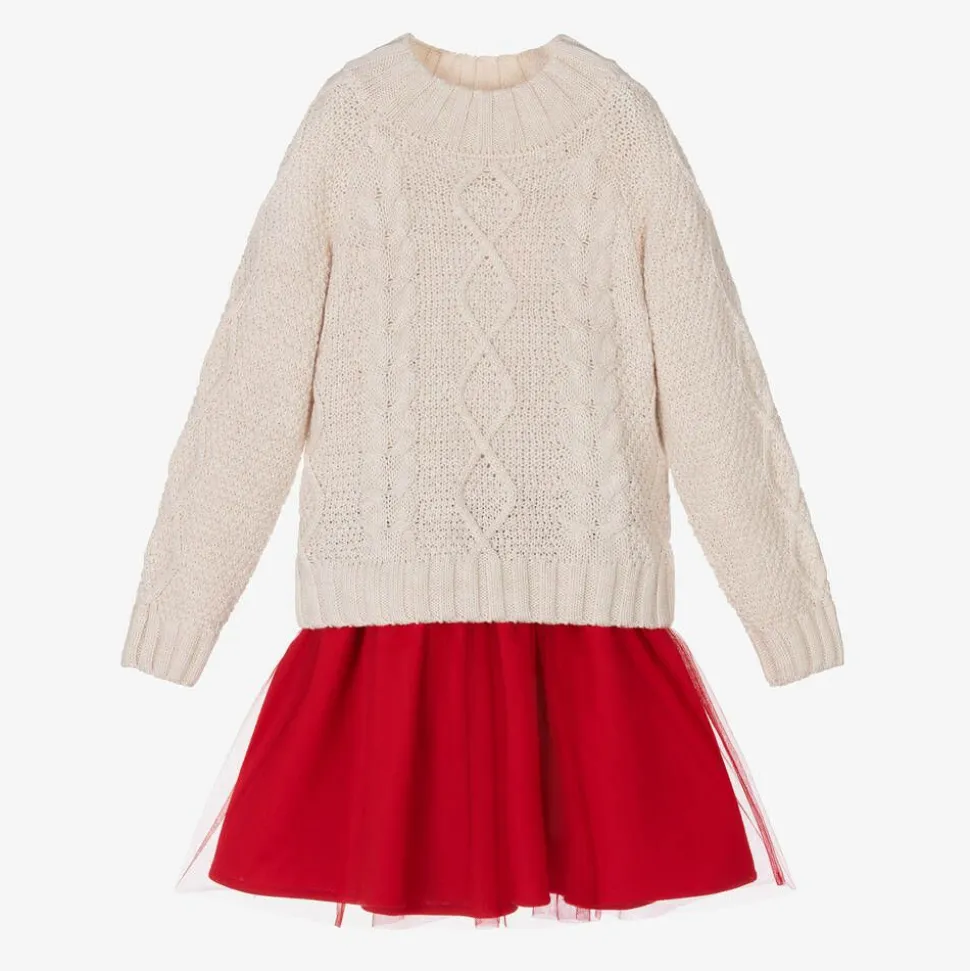 Girls Beige Sweater & Red Tulle Skirt Set