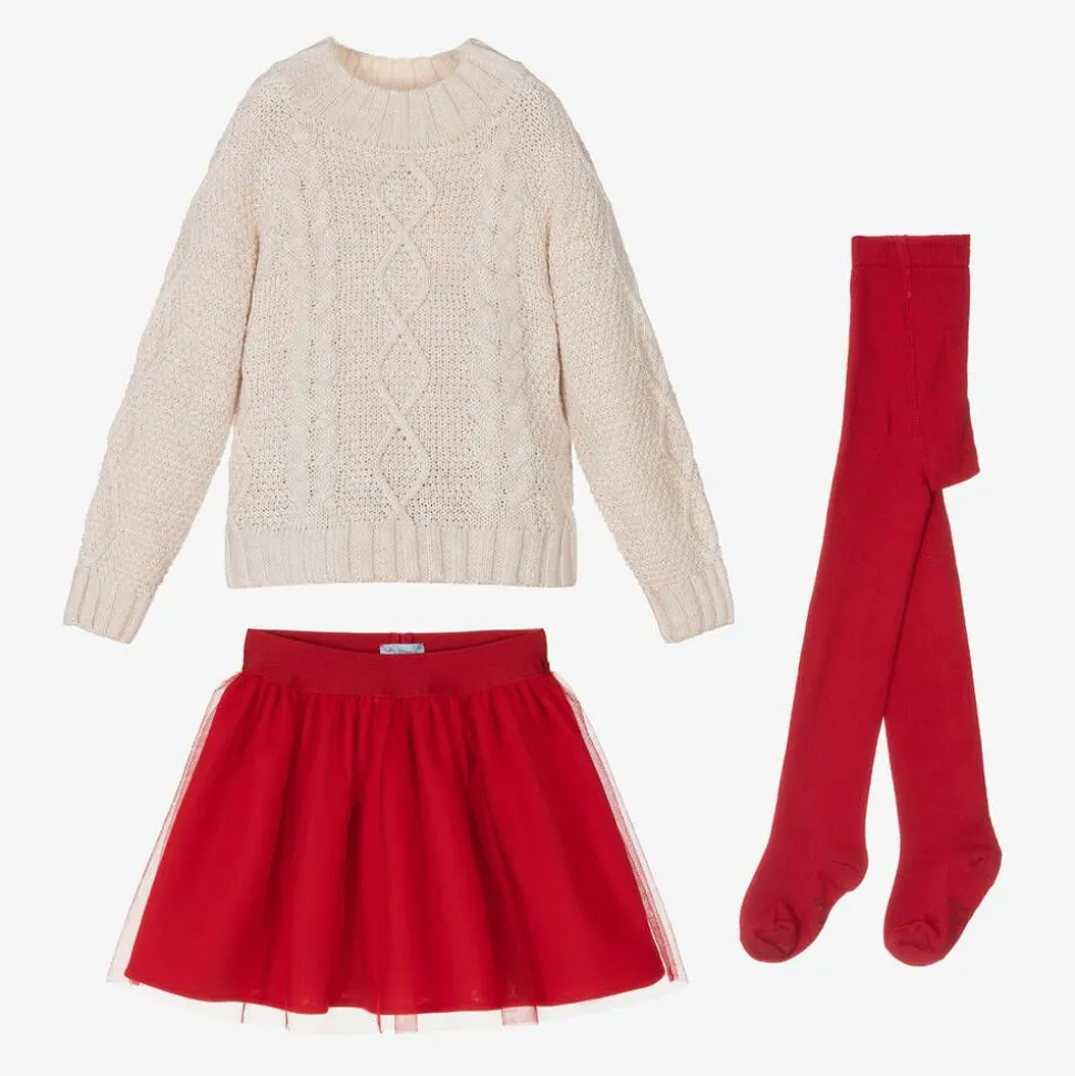Girls Beige Sweater & Red Tulle Skirt Set