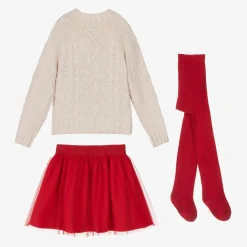 Girls Beige Sweater & Red Tulle Skirt Set