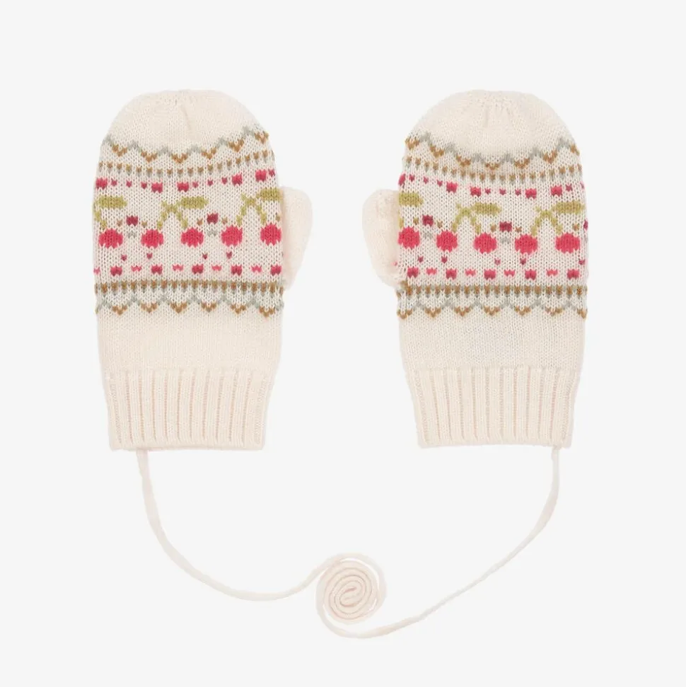 Girls Beige Wool & Cashmere Cherry Mittens