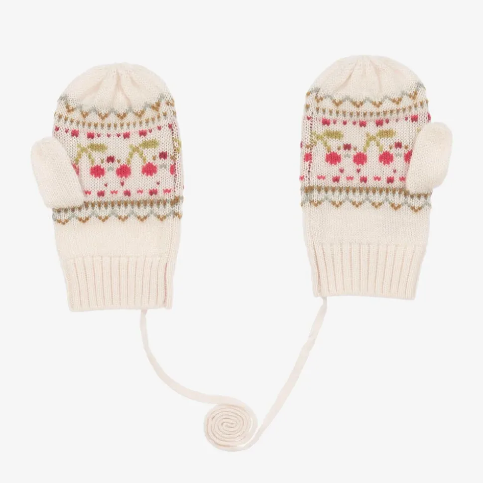 Girls Beige Wool & Cashmere Cherry Mittens