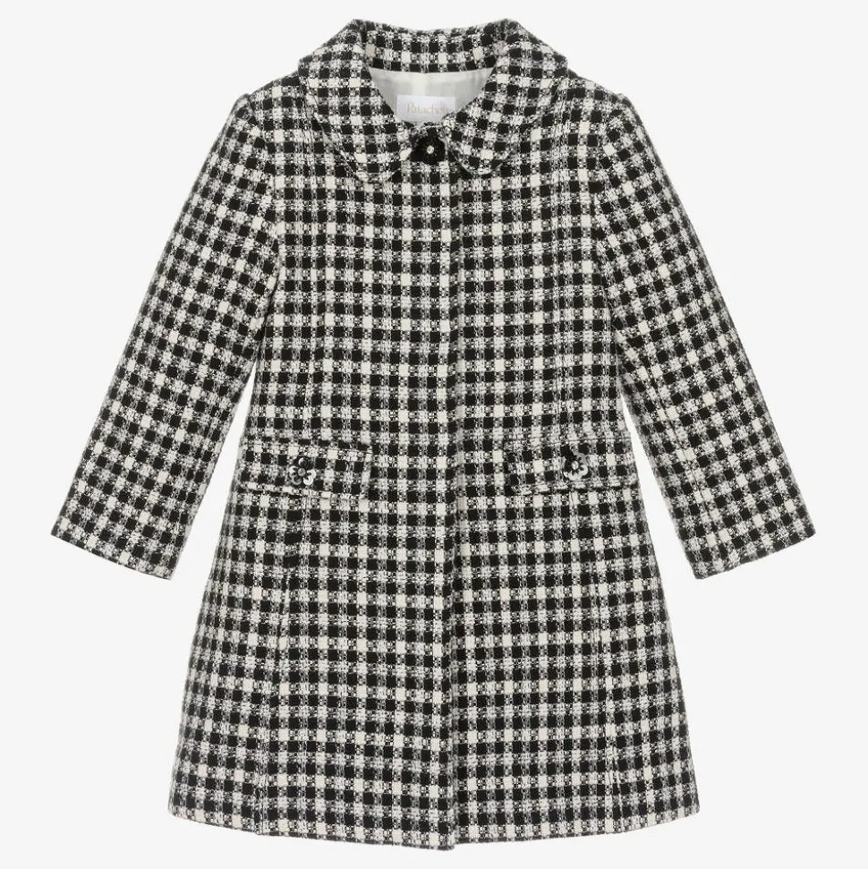 Girls Black & Ivory Check Tweed Coat