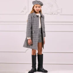 Girls Black & Ivory Check Tweed Coat