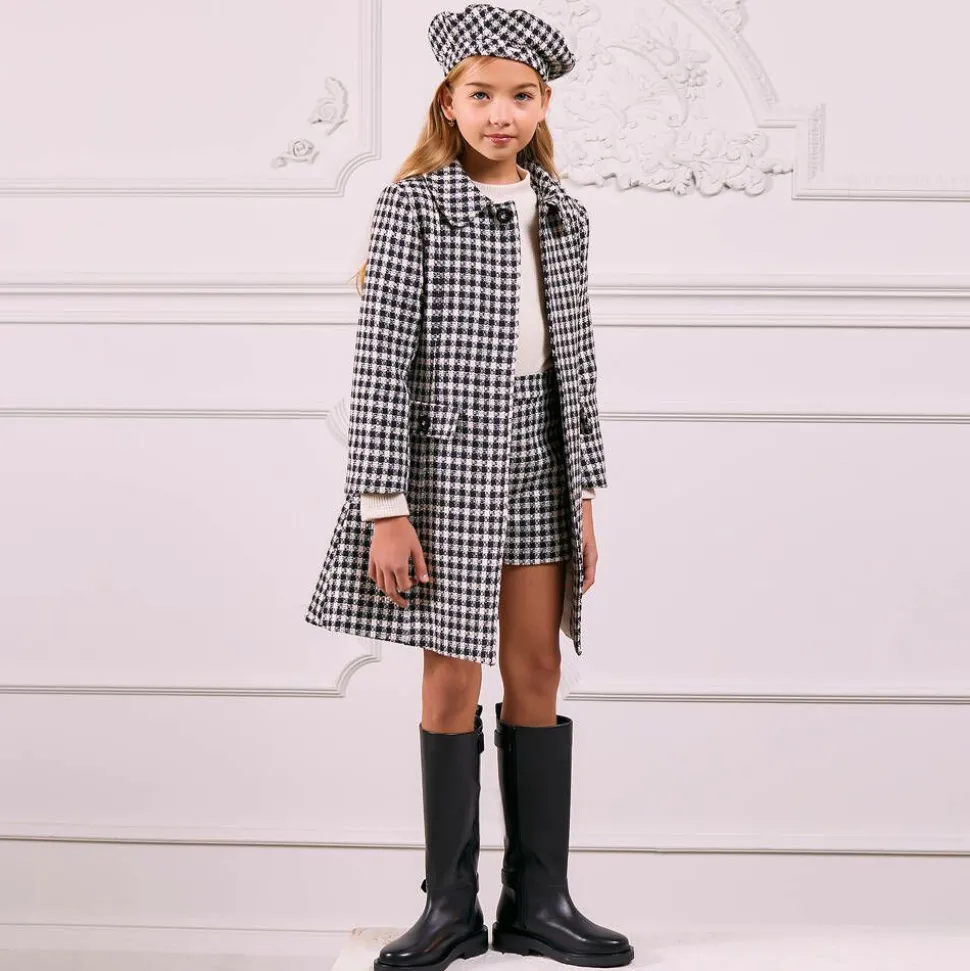 Girls Black & Ivory Check Tweed Coat
