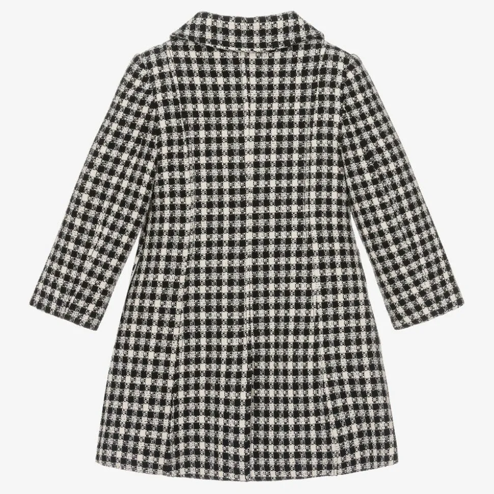 Girls Black & Ivory Check Tweed Coat