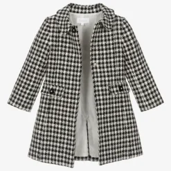 Girls Black & Ivory Check Tweed Coat