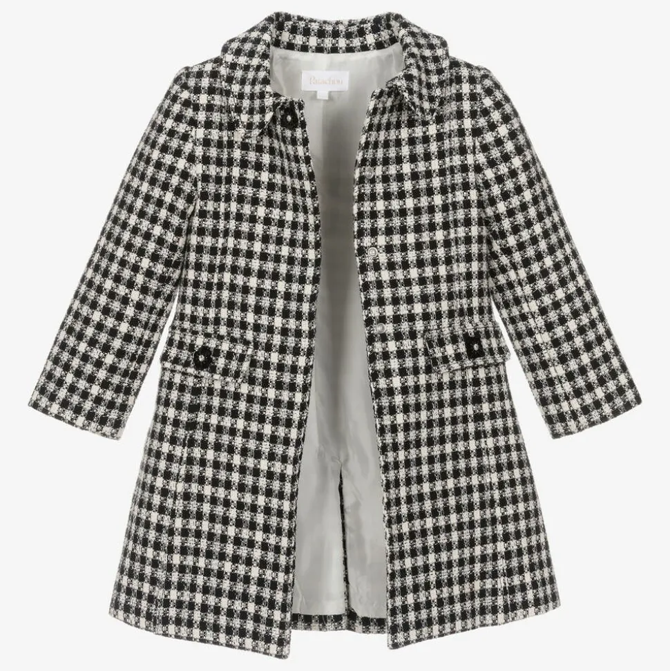 Girls Black & Ivory Check Tweed Coat