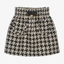 Girls Black & Ivory Houndstooth Cotton Skirt