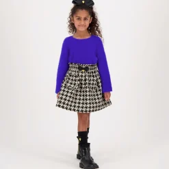 Girls Black & Ivory Houndstooth Cotton Skirt