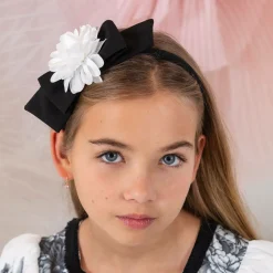 Girls Black Bow & White Floral Hairband