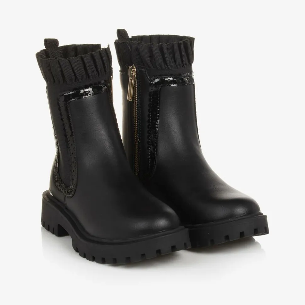 Girls Black Chelsea Ruffle Boots