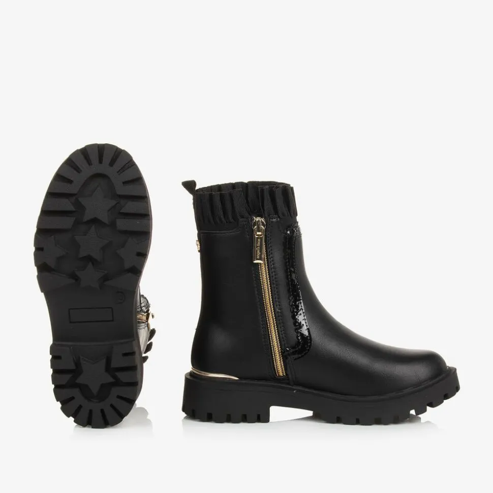 Girls Black Chelsea Ruffle Boots