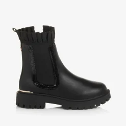 Girls Black Chelsea Ruffle Boots