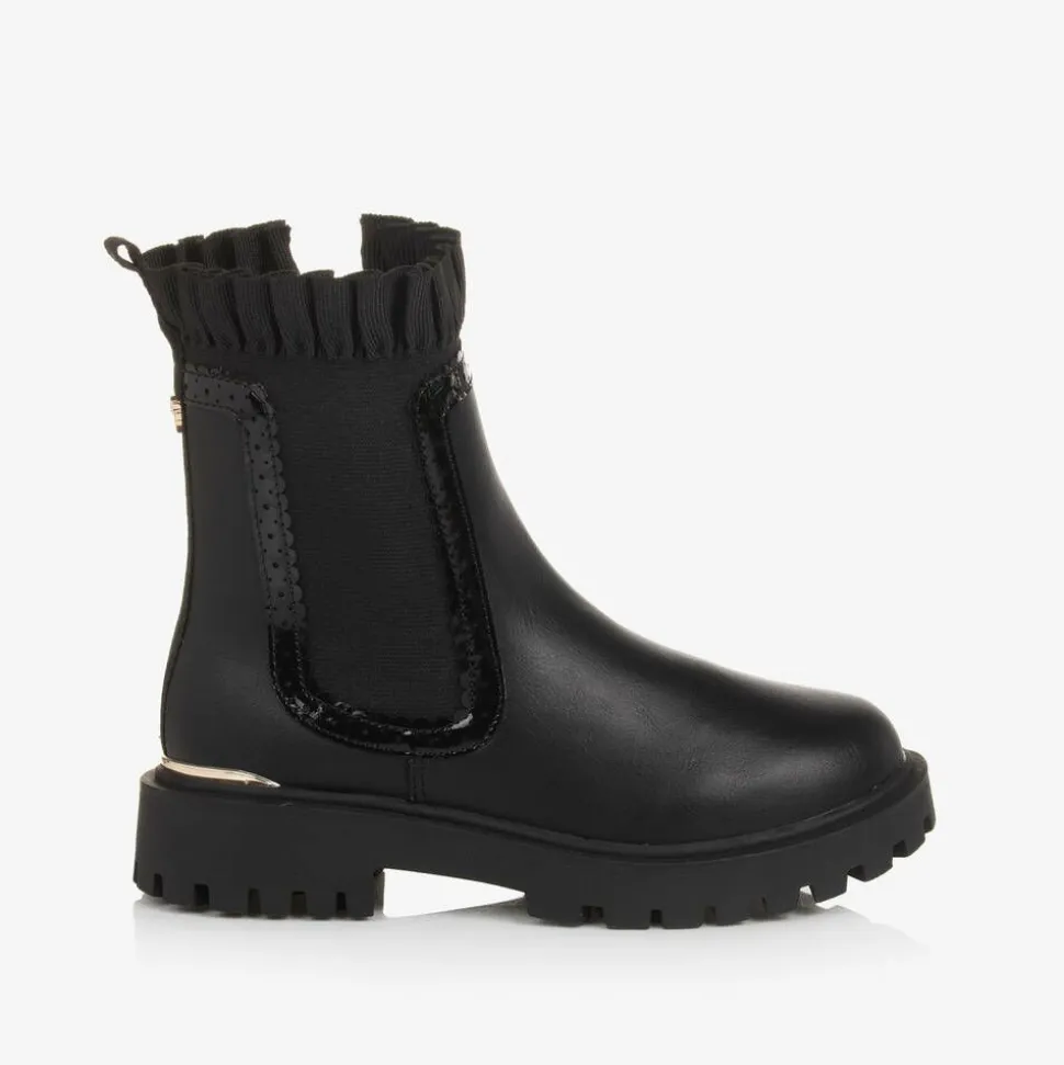 Girls Black Chelsea Ruffle Boots