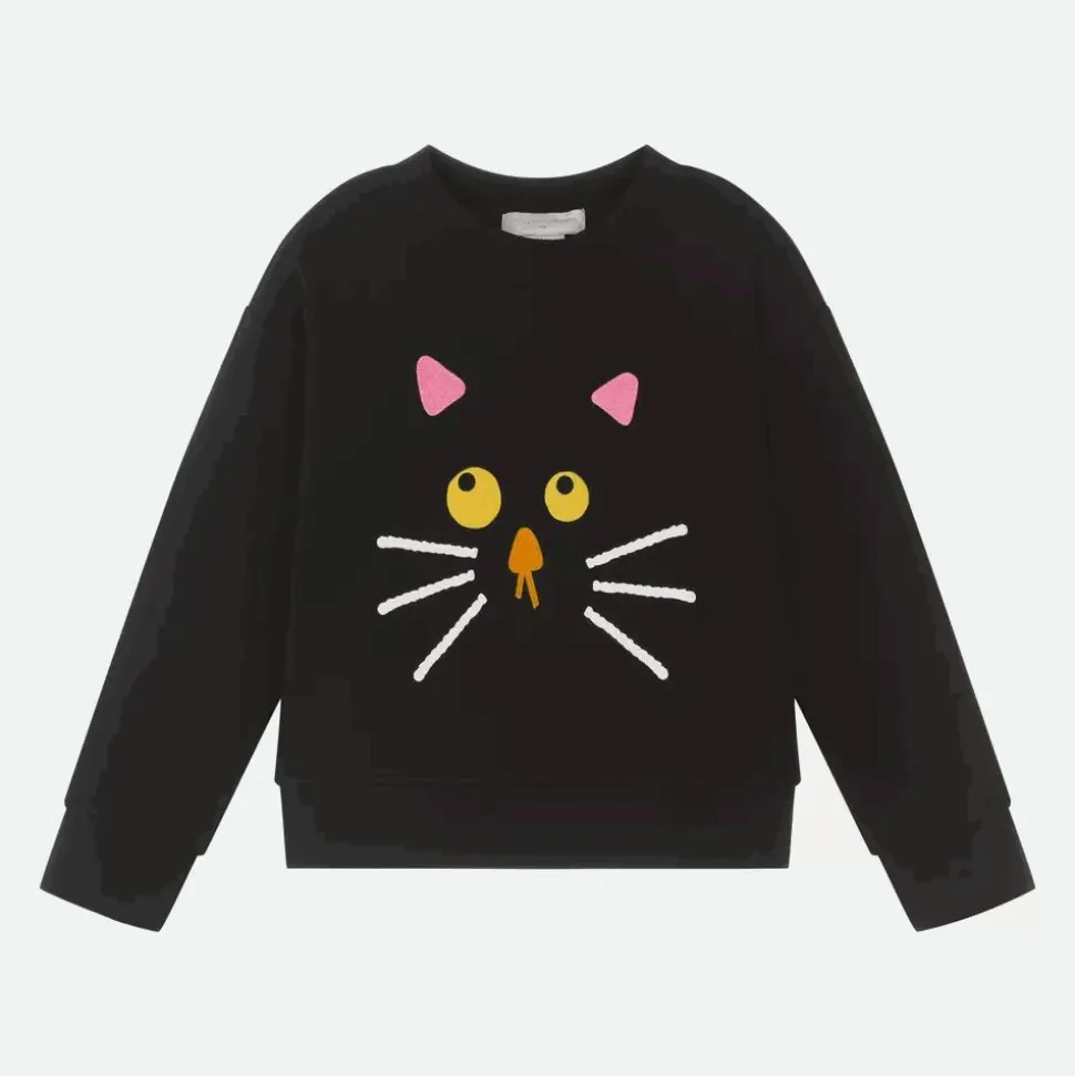 Girls Black Cotton Cat Sweatshirt