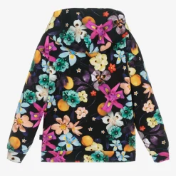 Girls Black Cotton Floral Hoodie