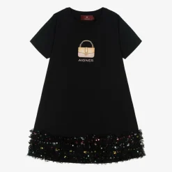 Girls Black Cotton Handbag Print Dress