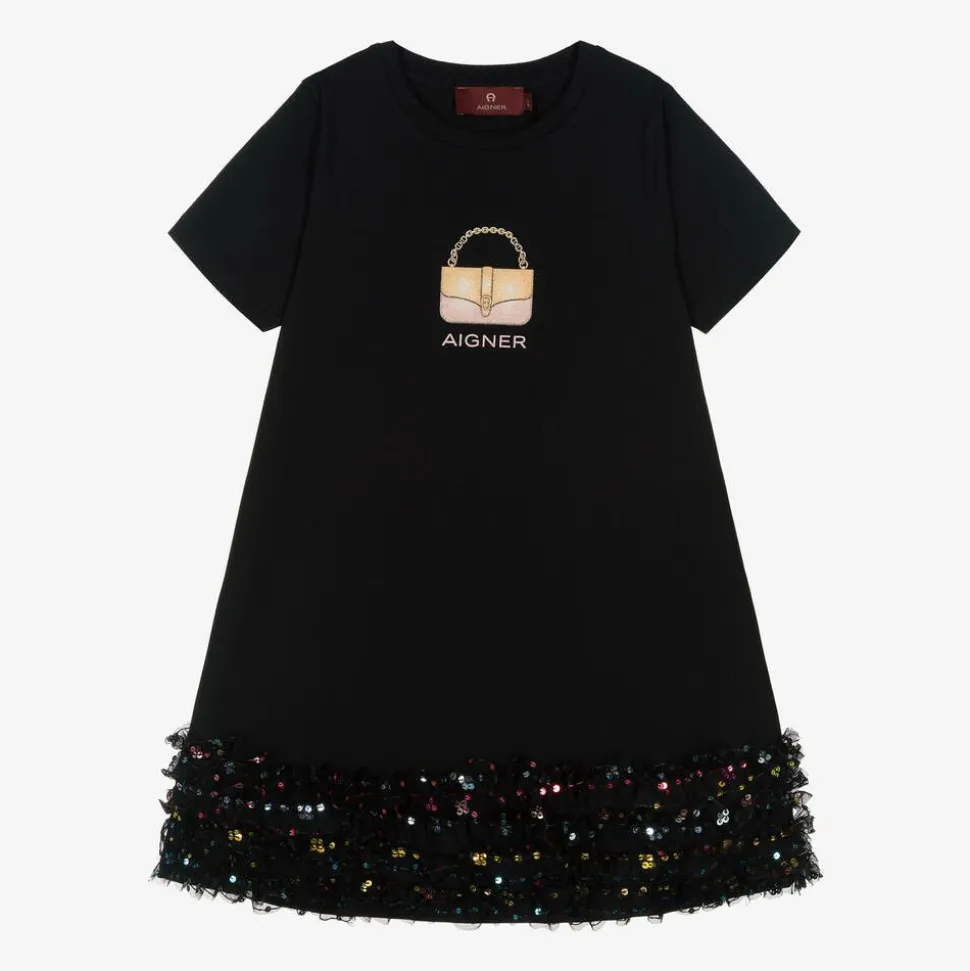 Girls Black Cotton Handbag Print Dress