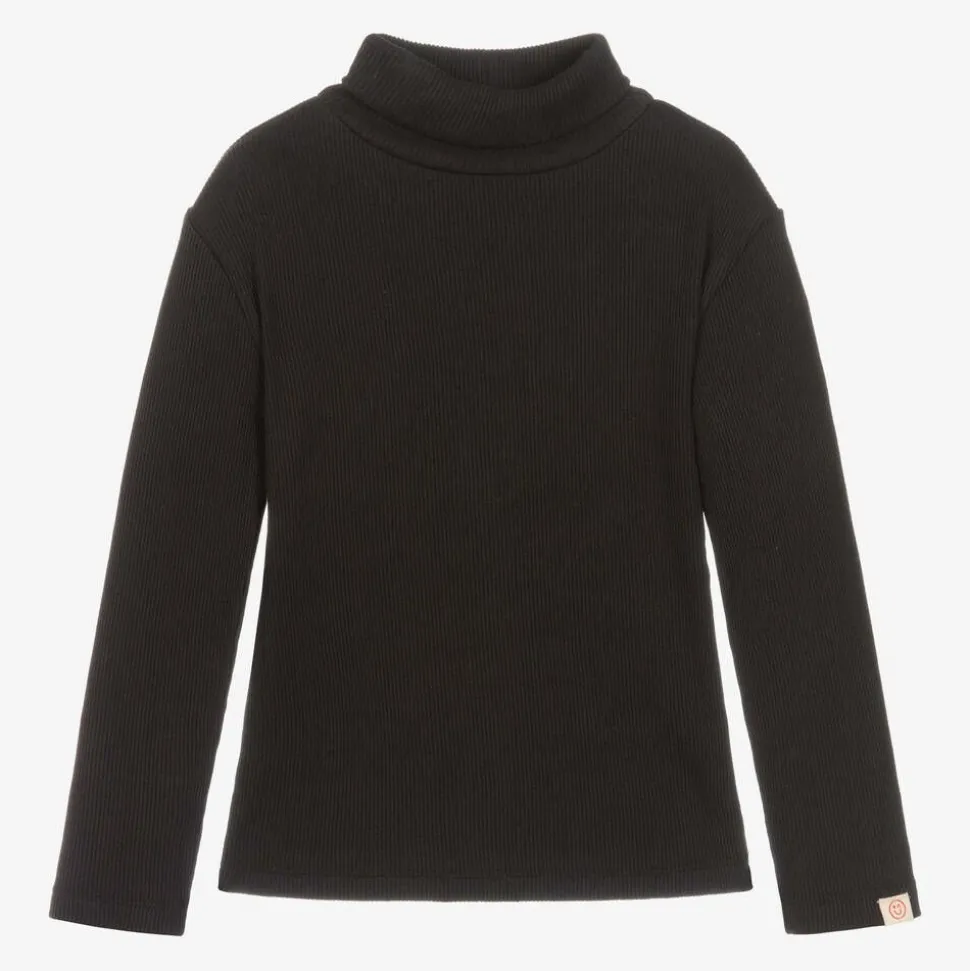 Girls Black Cotton Roll Neck Top