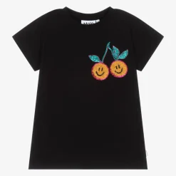 Girls Black Cotton Sequin Cherry T-Shirt