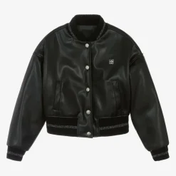 Girls Black Faux Leather Bomber Jacket