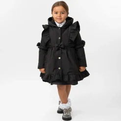 Girls Black Hooded Bow Coat