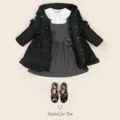 Girls Black Hooded Bow Coat