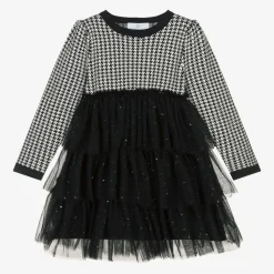 Girls Black Houndstooth Knitted Dress