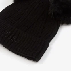 Girls Black Knit Pom-Pom Hat
