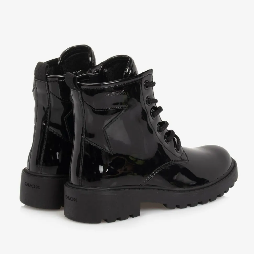 Girls Black Lace-Up Patent Boots