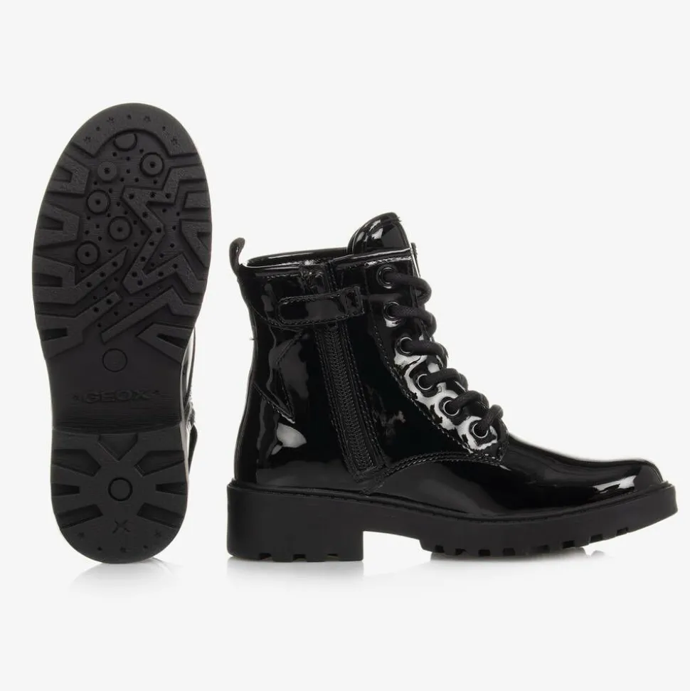 Girls Black Lace-Up Patent Boots