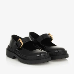 Girls Black Leather Greca Bar Shoes